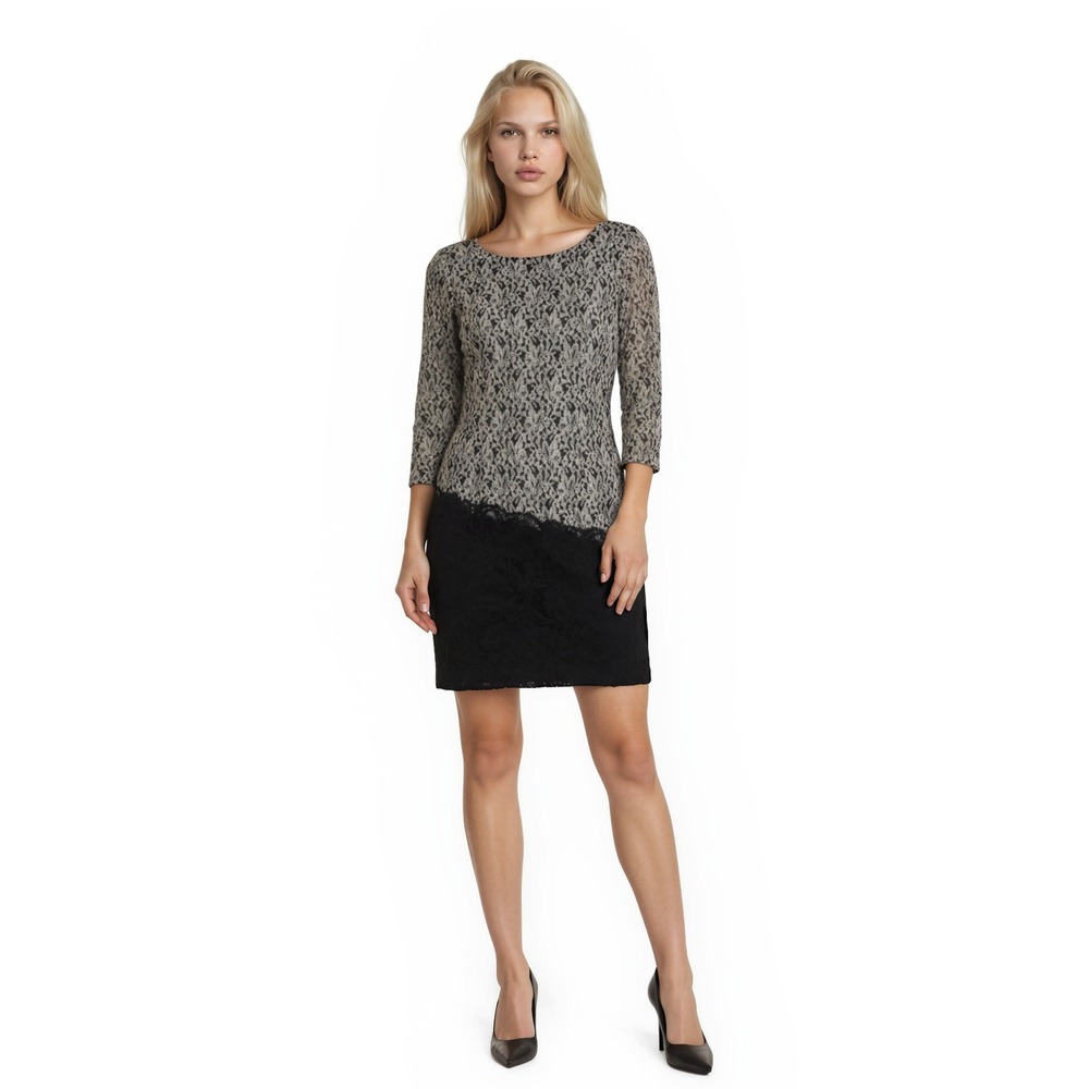 Antonio Melani Sheath Dress‎ Women's Size 12 Black Silver Floral Lace Cocktail